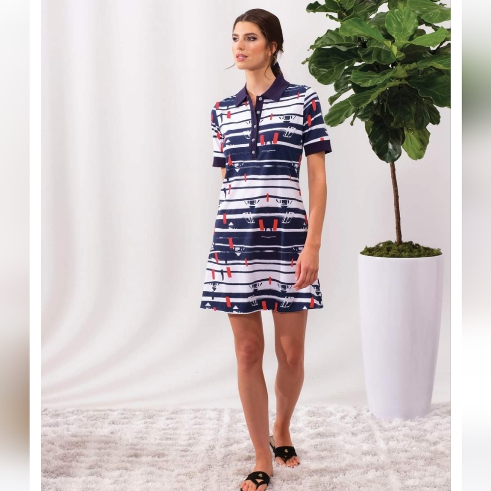 Alison Sheri Abstract Stripe Polo Shirt Dress Medium Preppy Nautical Coastal